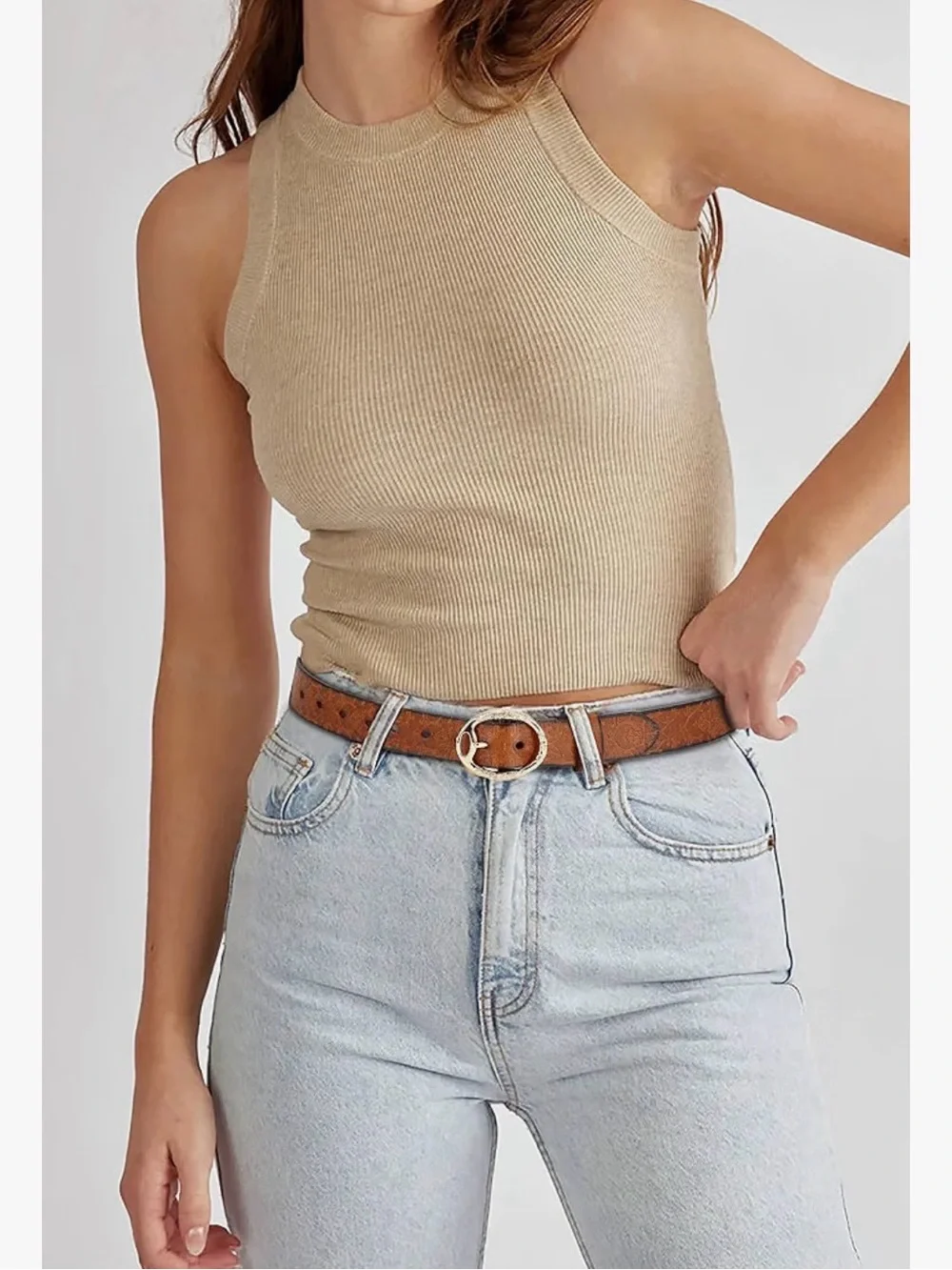 Brown Floral-Embossed Belt with Oval Buckle